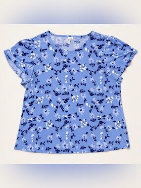 Elle Blue Floral Flutter Sleeve Blouse XXL Soft Stretch Top